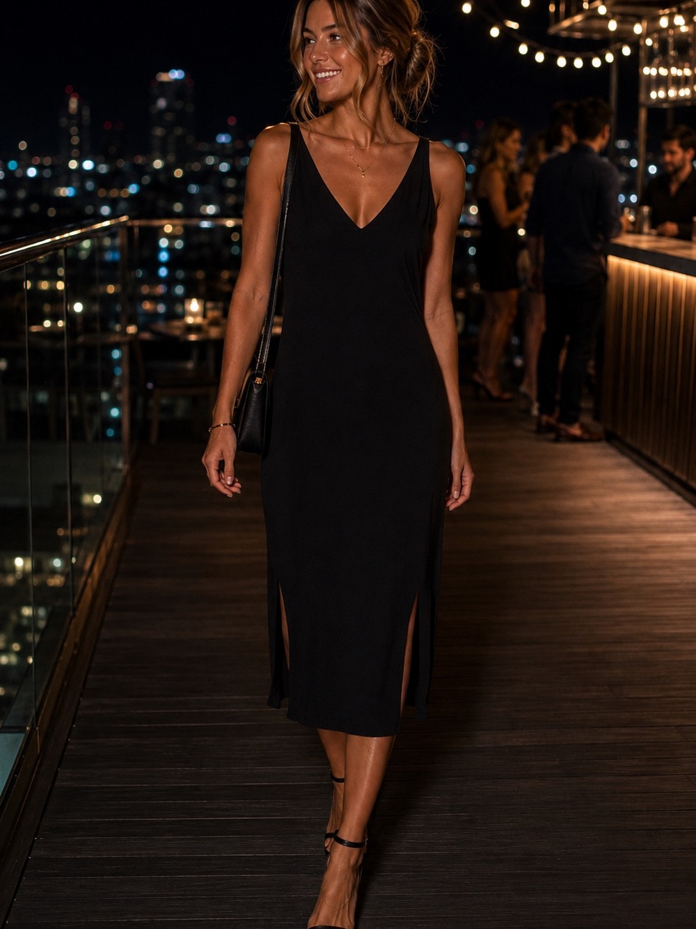 Aritzia Babaton Black Women’s V Neck Midi Dress with Side Slits XS